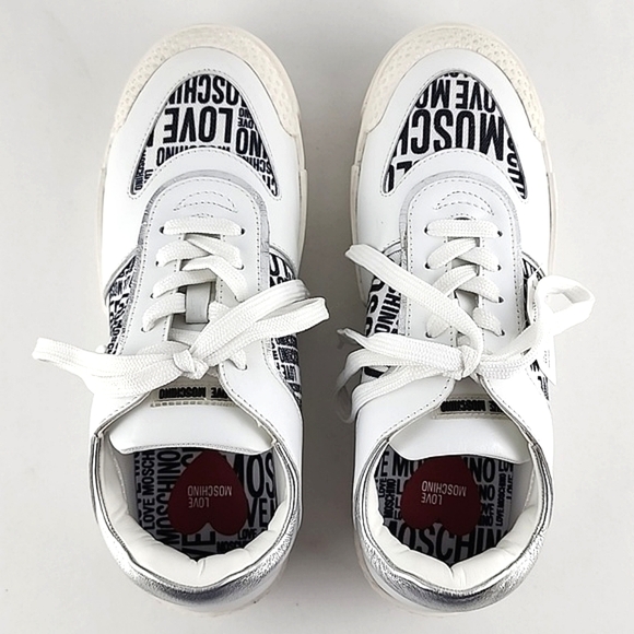 LOVE MOSCHINO Women's White Leather Low Top Trainers Sneakers Logo Fabric Sz 40 - Picture 6 of 16